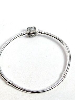 Pandora Silver Snake Chain Charm Bracelet with Pavé Clasp - Silver